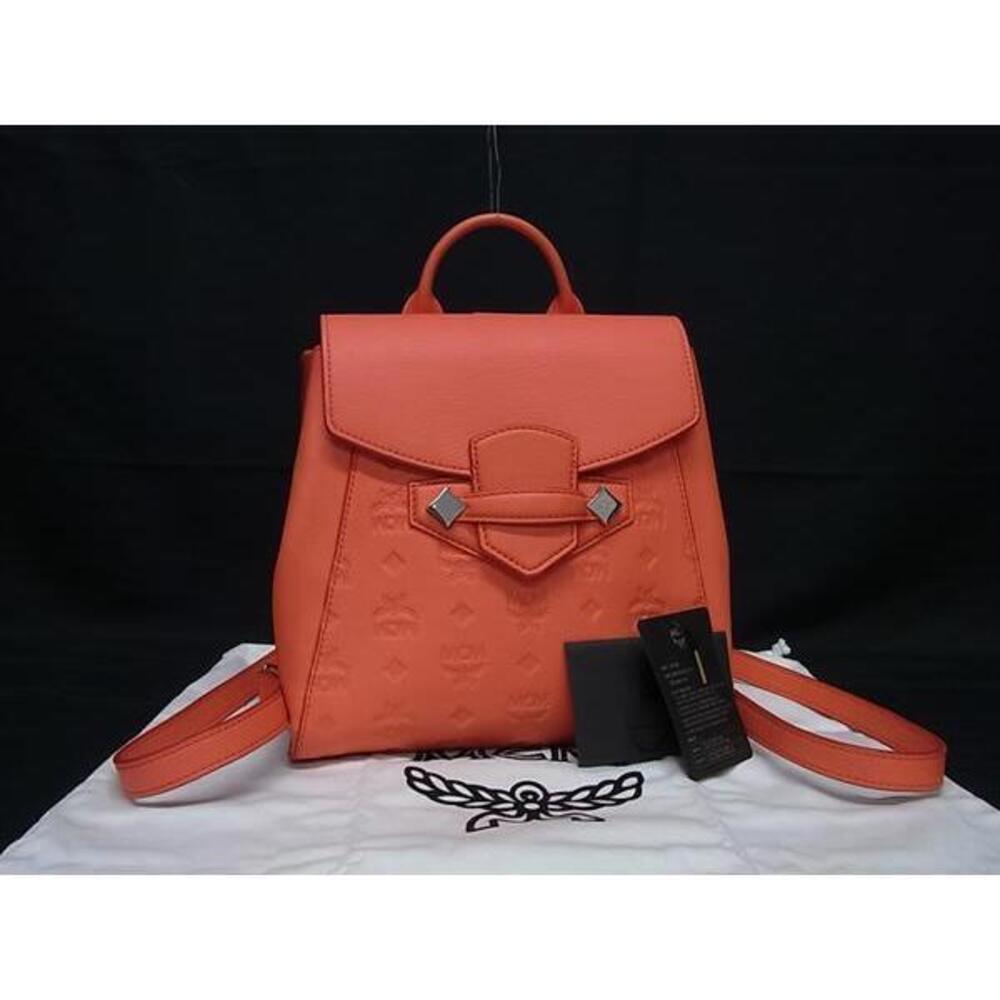 MCM Monogram Visetos Leather Backpack Rucksack Daypack Coral Orange